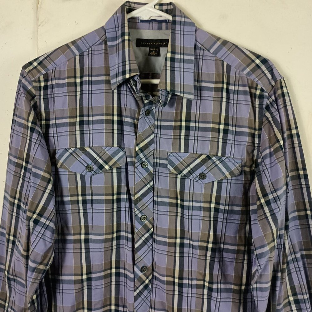 Banana Republic Plaid Shirt Mens S 14-14.5 Purple Modern Fit Preppy Workwear